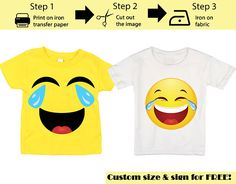 two t - shirts with different emoticions on them, one is yellow and the other is white