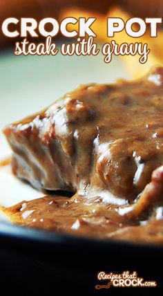 crock pot steak with gravy on a plate