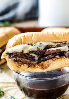 a close up of a sandwich in a bowl