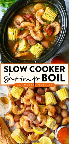 Bust out your crockpot and try this homemade dinner recipe! It will become one of your favorite seafood meals when entertaining. Full of potatoes, sausage, corn, and Old Bay, this Slow Cooker Shrimp Boil is the BEST! Boil Recipes, Sausage Shrimp, Shrimp Corn, Seafood Boil Recipes, Easy Crockpot Dinners, Shrimp Boil, Crockpot Dishes, Andouille Sausage, Andouille