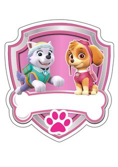 the paw patrol logo with a dog and a cat on it's back, in front of a pink shield