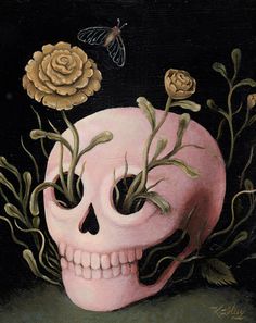 a painting of a skull with flowers and a butterfly on it's head in front of a black background