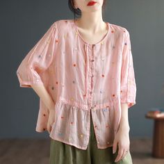 Details: Gender: Women Item Type: Blouse Material: Linen Pattern Type: Embroidery Season: Summer Style: Leisure, Daily, Retro Occasion: Going Out, Daily Size: One Size Length: 63.00 cm/ 24.80 " Bust: 130.00 cm/ 51.18 " Shoulder: 43.00 cm/ 16.93 " Sleeve: 35.00 cm/ 13.78 " Cuff: 32.00 cm/ 12.60 " Japanese Fashion Trends, Linen Embroidery, Linen Pattern, Summer Retro, Cottagecore Fashion, Half Sleeve Tops, Idea Board, Blouse Material, Stylish Dress Designs