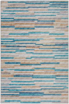 an area rug with blue, beige and brown stripes on the floor in front of a white background