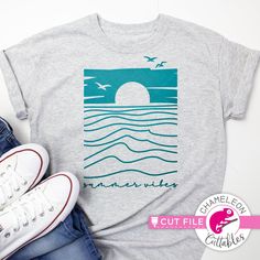 Summer vibes ocean sunset beach svg png dxf eps jpeg SVG DXF PNG Cutting File Beach Themed Shirts, Beach Tshirt Designs, Cricut Clothing, Ocean Vbs, Beach Svg, Lino Cut, Dance Mom, Ocean Sunset, Beach T Shirts