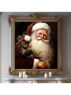 a painting of santa claus with holly berries in his hand and candles on the mantle