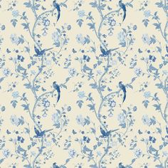 a blue and white floral wallpaper with birds on it