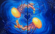 two paintings of jellyfish in blue and yellow colors, one with orange tentacles on it