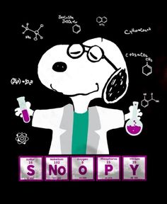 a cartoon dog holding a beakle and flasks in front of the words snoopy