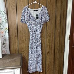 Lauren Ralph Lauren Roksana Short Sleeve Day Dress, Blue Floral, Sz 10, Midi , Ruffled Deep V Neck, Fitted Bodice And Bodycon Skirt, Full Lining, Flutter Sleeve, Tie Belted Waist, Invisible 1/2 Zip On Side, Polyester/Elastane, Machine Wash, Length 47”, 19”Pit To Pit, Nwt Bodycon Skirt, Belt Tying, Ralph Lauren Dress, Ralph Lauren Blue, Body Con Skirt, Day Dress, Fitted Bodice, Dress Blue, Deep V Neck