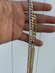 Gorgeous mens cuban link chains
Medium sized 8mm so they are great for pendants or wear alone!Lays Flat!18-30" ranging from 24-44 grams 
For example our 24" is approximately 38.8 grams
These items are handmade so chains might vary in weight +- 2-3%
 
5x electroplated in 14k Gold!Very shiny and nicely made! Diamond cut two tone pave on one side and plain on the other!Made in ItalyStamped 925 & Italy!100% silver so it will never turn your neck greenWe also have the same chain in 6mm!We also sell a matching bracelet Gold Cuban Link Necklace With Silver Chain, Cuban Link, Cuban Link Chain, Cuban Chain, Matching Bracelets, Two Tone, 925 Silver, Diamond Cuts, Chain