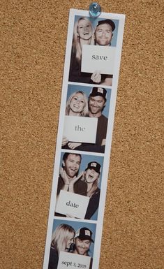 four photos hanging on a cork board with the words save live and date attached to it