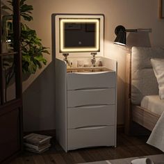 a bathroom with a sink and mirror in the middle of it, next to a bed