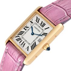 Cartier Tank Louis Yellow Gold Pink Strap Mens Watch W1529756 Box Card. Quartz movement. 18k yellow gold case 25.0 x 33.0 mm. Circular grained crown set with a blue sapphire cabochon. . Scratch-resistant mineral crystal. Silvered opaline dial with black radial Roman numeral hour markers and an inner minute track. Sword-shaped blue hands. Date calendar at 3 o'clock aperture. Secret Cartier signature at VII. Bright pink leather strap with 18K yellow gold tang buckle. Rectangular Yellow Gold Watch With Subdials, Rectangular Yellow Gold Watches With Subdials, Yellow Gold Rectangular Watch Accessories With Subdials, Rectangular Yellow Gold Watch Accessories With Subdials, Designer Gold Cartier Watch, Gold Watches With Original Box For Business, Classic Yellow Gold Watch Bands For Gifts, Luxury Yellow Gold Rectangular Watch, Classic Yellow Gold Watch Bands As Gift