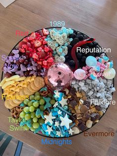 a platter filled with lots of different types of candies and cookies on top of a wooden table