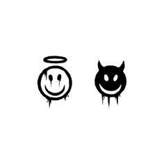 two black and white images with an angel and demon face on them, one in the middle