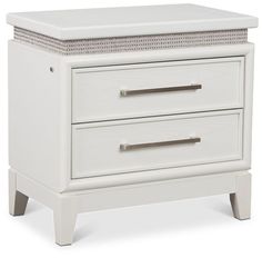 a white night stand with two drawers on one side and an open drawer on the other