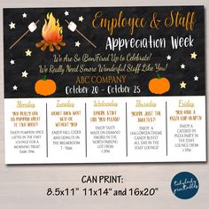 an employee and staff appreciation week sign with pumpkins, marshmallows and marshmallows