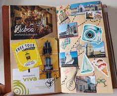 an open travel book with pictures and stickers on it's front cover is shown