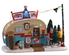 a christmas scene with an old fashioned camper and people in the front, on white background