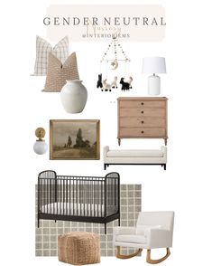 a baby's nursery with neutral colors and accessories