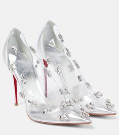 Degraqueen Embellished PVC Pumps in Silver - Christian Louboutin | Mytheresa Louboutin Wedding Heels, Christian Louboutin Shoes Pumps, Christian Louboutin Wedding, Christian Louboutin Heels Outfit, Clear Pumps, Louboutin Online