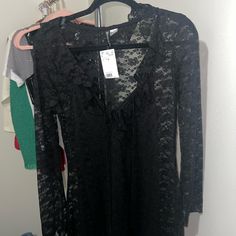 Never Worn, Bought In Paris! H&m Mini Dress For Night Out In Fall, H&m V-neck Mini Dress For Night Out, H&m Fall Mini Dress For Night Out, H&m Long Sleeve Mini Dress For Date Night, H&m V-neck Mini Dress For Party, Lacey Black Dress, Black Long Sleeve Lace Patchwork Dress, Zara Black Dress With Lace Trim, H&m Black V-neck Mini Dress