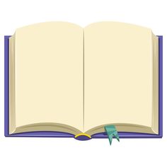 an open book with a blue ribbon on the corner and a green paper clipping