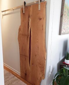 an unfinished wooden door is hanging on the wall next to a rug and potted plant