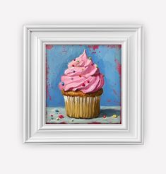 a painting of a cupcake with pink frosting and sprinkles on it