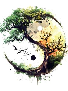 an artistic painting of a tree with birds flying around it and the moon in the background