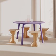 a purple table and two benches in front of a window