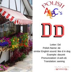 an advertisement with flowers on display in front of a building and the words polish abc's dd