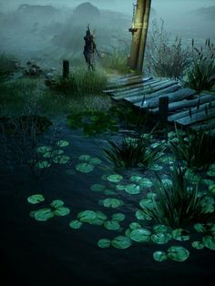 a man standing next to a body of water with lily pads on the ground in front of him