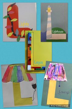 four different types of paper and crafting materials are shown in this collage with lighthouses