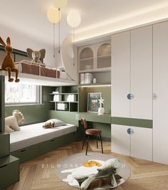 a bedroom with green and white walls, wooden flooring and bunk beds in the corner