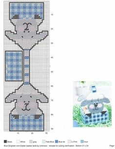 a cross stitch pattern with an image of a teddy bear holding a blue and white box