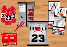 the jordan basketball jersey is on display next to two water bottles and an air bag