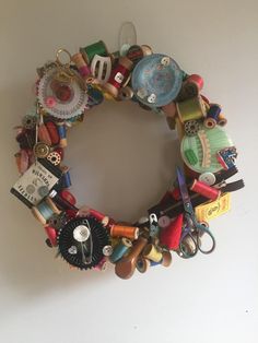 a close up of a wreath made out of various items