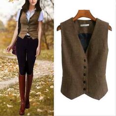 Great Shopping Women Vest V-Neck 5 Buttons Slim Fit Wool Blend Work Wear Two Pockets Waistcoat, Womens Coats Jackets Waistcoat Outfit, Womens Waistcoat, Vest Outfits For Women, Waistcoat Woman, Tweed Waistcoat, Looks Jeans, Tweed Vest, Outer Women, Cardigan Sweater Vest