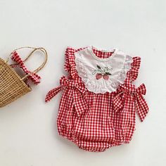 Strawberry Plaid Embroidered Jumpsuit | RYAN AND REMI Baby Girl Vintage Outfits, Baby Clothes Aesthetic, Strawberry Baby Outfit, Cottage Core Baby Clothes, Strawberry First Birthday Theme One Piece & Sets, Strawberry Shortcake Baby Clothes, Classic Baby Clothes, Embroidered Jumpsuit, I Want A Baby