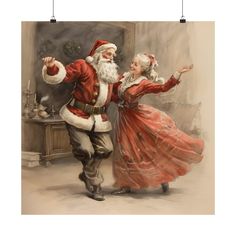 a painting of two people dressed as santa and mrs claus, dancing in front of a christmas tree