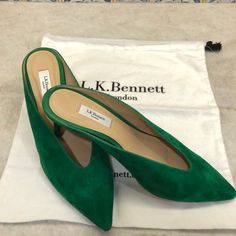 Suede, Magnificent Quality. Elegant Green Slip-on Mules, Elegant Green Mules With Pointed Toe, Elegant Green Pointed Toe Mules, Elegant Green Slip-on Heels, Green Mules, Lk Bennett Shoes, Lk Bennett, Kelly Green, Mule Clogs