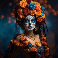 a woman with makeup and flowers in her hair wearing a skeleton face paint make - up