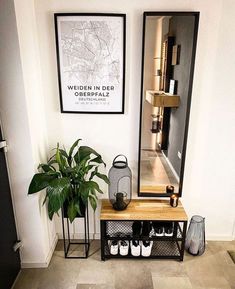 there is a mirror and some shoes on the floor in front of a table with a potted plant