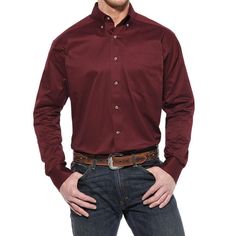 Men's Ariat Solid Twill Shirt Maroon Dress Shirt, Mexican Outfit, Maroon Shirts, Twill Shirt, Twill Fabric, Western Style, Classic Shirt, Long Sleeve Casual, Casual Jeans