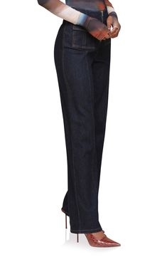 An exposed zip fly and flap-patch pockets add a utility edge to these wide-leg jeans crafted from dark-wash denim with a hint of comfortable stretch. 32 1/2" inseam; 22 1/2" leg opening; 13 3/4" front rise; 18 3/4" back rise (size Medium) Exposed zip fly Front button-flap patch pocket Cotton/polyester/spandex Machine wash, line dry Imported Denim Workwear Pants With Zip Fly, Fall Utility Flare Jeans Full Length, Denim Blue Flare Jeans With Patch Pockets For Fall, Fall Denim Blue Flare Jeans With Patch Pockets, Dark Wash Relaxed Fit Flare Jeans With Patch Pockets, Relaxed Fit Dark Wash Flare Jeans With Patch Pockets, Dark Wash Wide Leg Bottoms With Zip Fly, Fall Dark Wash Jeans With Welt Pockets, Dark Wash Jeans With Zip Fly For Work