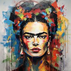 a painting of a woman's face with colorful paint splatters on it