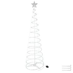 a white christmas tree with silver spirals and stars on it's top, against a white background