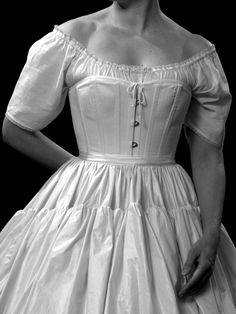 Mid 19th c. Ensemble — Period Corsets Regency Style Underbust Corset Dress, Fitted Victorian Historical Dress, Regency Style Overbust Corset Dress With Historical Design, Historical Victorian Dress With Ruffles, Historical Victorian Dress For Theater, Historical Underbust Corset Dress, Historical Overbust Corset Dress, Victorian Dress For Theater With Historical Design, Vintage Corset Dress With Historical Design